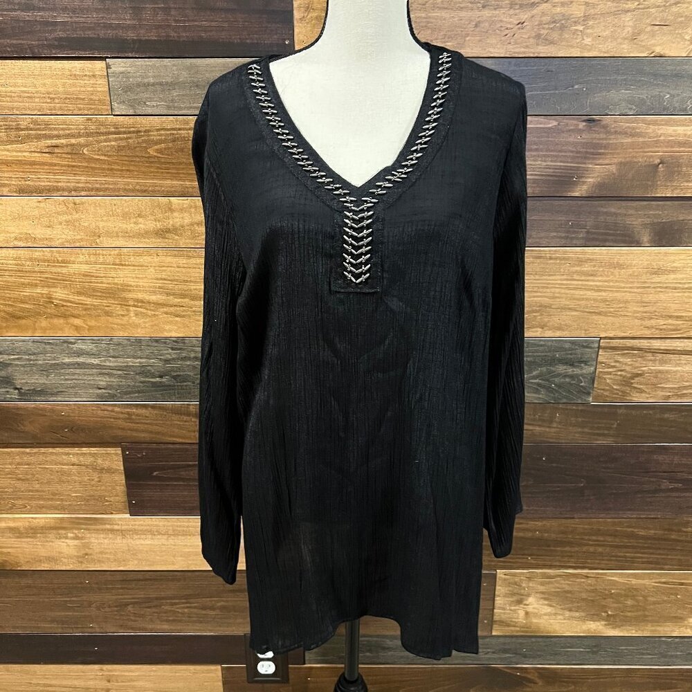 Beautiful St. John's Bay Black Tunic V-Neck with silver embellishments, Size 1X